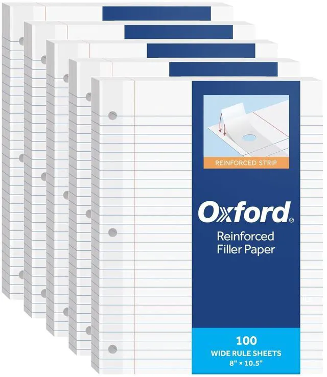 Main image of Reinforced Lined Loose Leaf Notebook Paper, College Rule, 500 Sheets Plastic-reinforced strip guards the 3 holes from tearing. Five 100-sheet packs, college rule, 9/32 in spacing, 8.5 x 11 in
