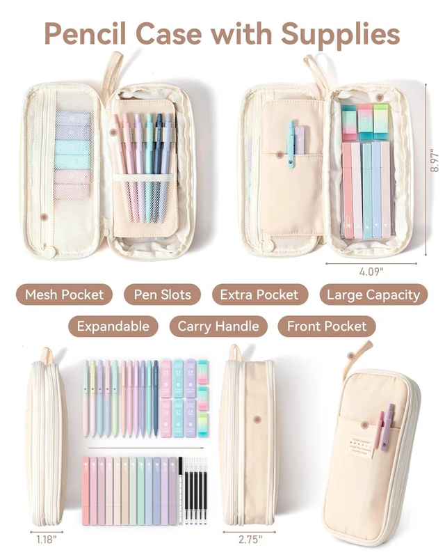 Alt view image 3 of 7 - School Supplies with Cute Pencil Case, 39ct, Cream Back to School Stationery Set, Essentials for College & Nursing Students, 5 Gel Pens, 6 Mechanical Pencils, 12 Highlighters