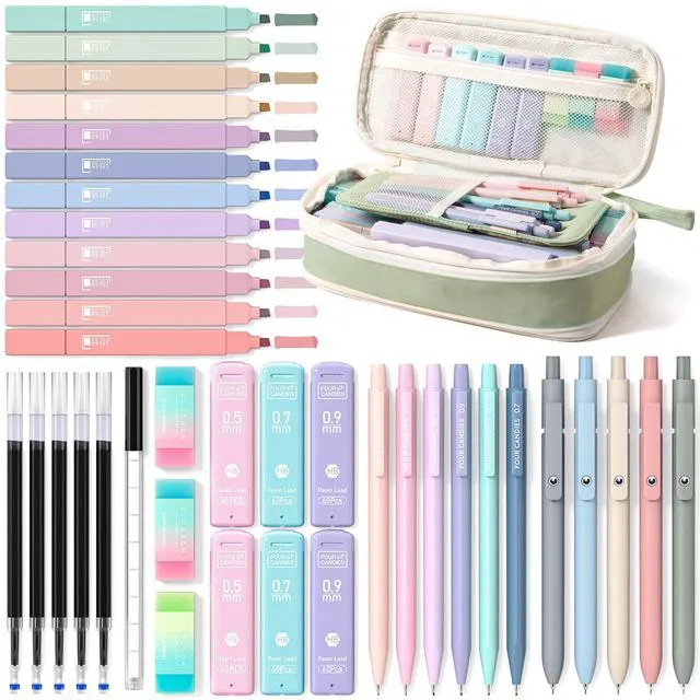 Main image of School Supplies with Cute Pencil Case, 39ct, Green Back to School Stationery Set, Essentials for College & Nursing Students, 5 Gel Pens, 6 Mechanical Pencils, 12 Highlighters