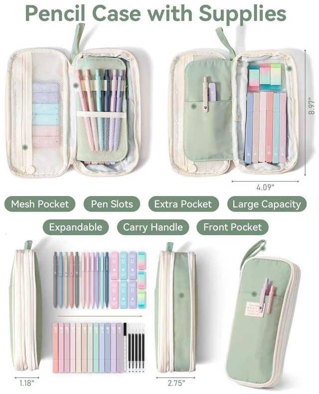 Alt view image 2 of 7 - School Supplies with Cute Pencil Case, 39ct, Green Back to School Stationery Set, Essentials for College & Nursing Students, 5 Gel Pens, 6 Mechanical Pencils, 12 Highlighters