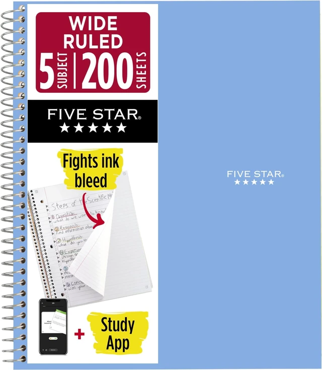 Main image of Spiral Notebook + Study App, 5 Subject, Wide Ruled Paper, 8" x 10-1/2", 200 Sheets, Fights Ink Bleed, Water Resistant Cover, Tidewater Blue (73196) (Pack of 6)