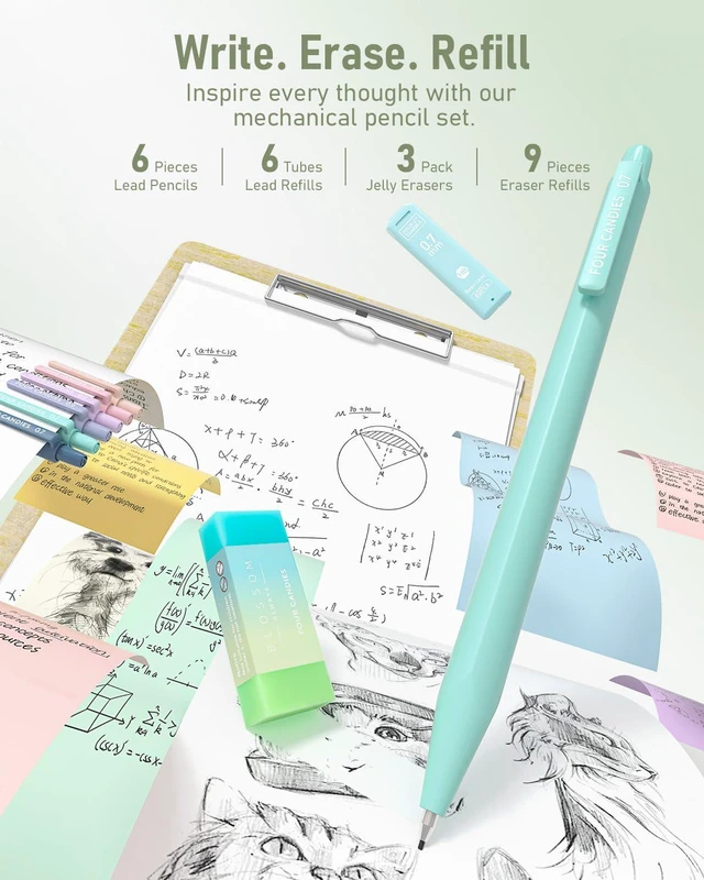 Alt view image 5 of 7 - School Supplies with Cute Pencil Case, 39ct, Green Back to School Stationery Set, Essentials for College & Nursing Students, 5 Gel Pens, 6 Mechanical Pencils, 12 Highlighters