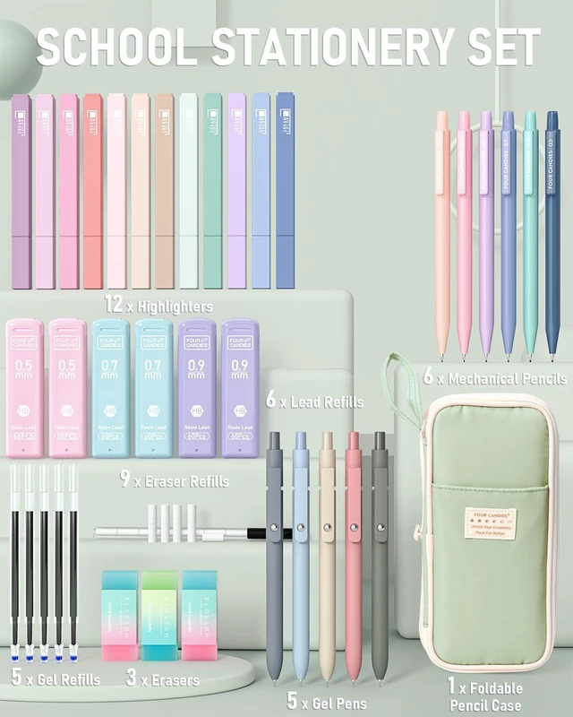 Alt view image 6 of 7 - School Supplies with Cute Pencil Case, 39ct, Green Back to School Stationery Set, Essentials for College & Nursing Students, 5 Gel Pens, 6 Mechanical Pencils, 12 Highlighters