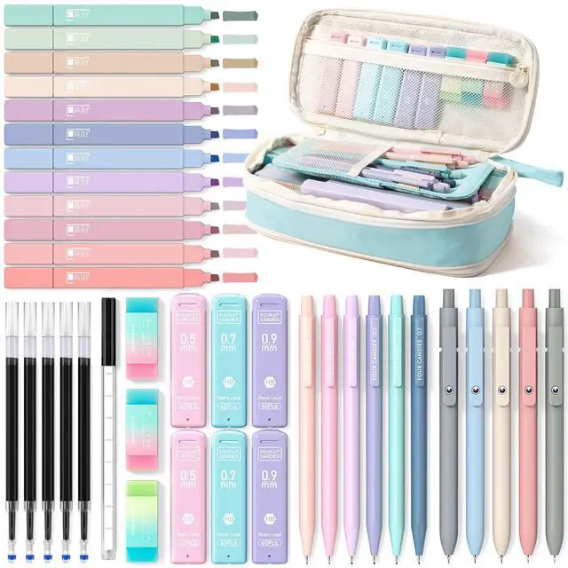 Main image of School Supplies with Cute Pencil Case, 39ct, Blue Back to School Stationery Set, Essentials for College & Nursing Students, 5 Gel Pens, 6 Mechanical Pencils, 12 Highlighters