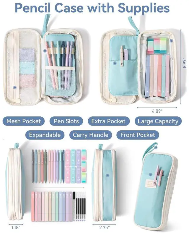 Alt view image 2 of 7 - School Supplies with Cute Pencil Case, 39ct, Blue Back to School Stationery Set, Essentials for College & Nursing Students, 5 Gel Pens, 6 Mechanical Pencils, 12 Highlighters
