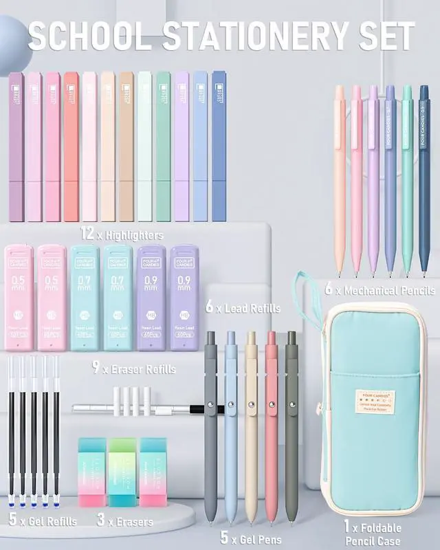 Alt view image 6 of 7 - School Supplies with Cute Pencil Case, 39ct, Blue Back to School Stationery Set, Essentials for College & Nursing Students, 5 Gel Pens, 6 Mechanical Pencils, 12 Highlighters