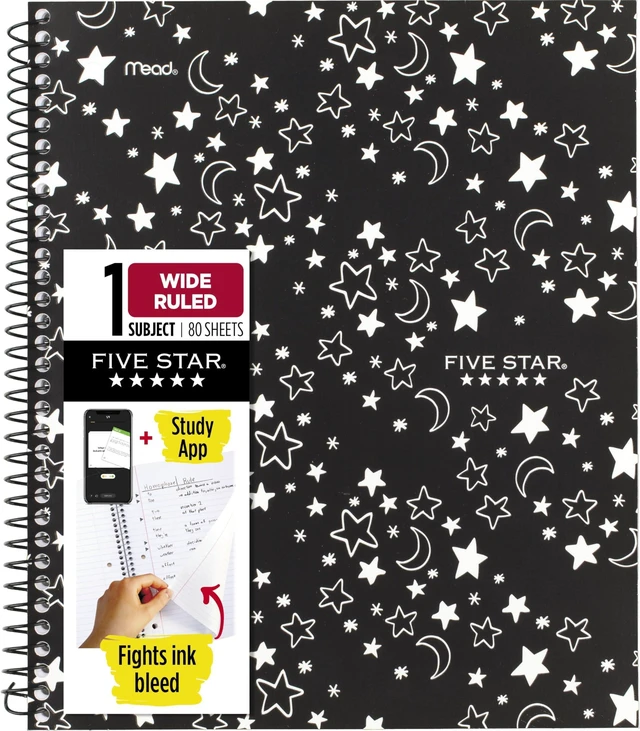 Main image of Spiral Notebook + Study App, 1 Subject, Wide Ruled, 8" x 10-1/2", 80 Sheets, Fights Ink Bleed, Water Resistant Cover, Black Stars Glow in the Dark (930020F) (Pack of 12)