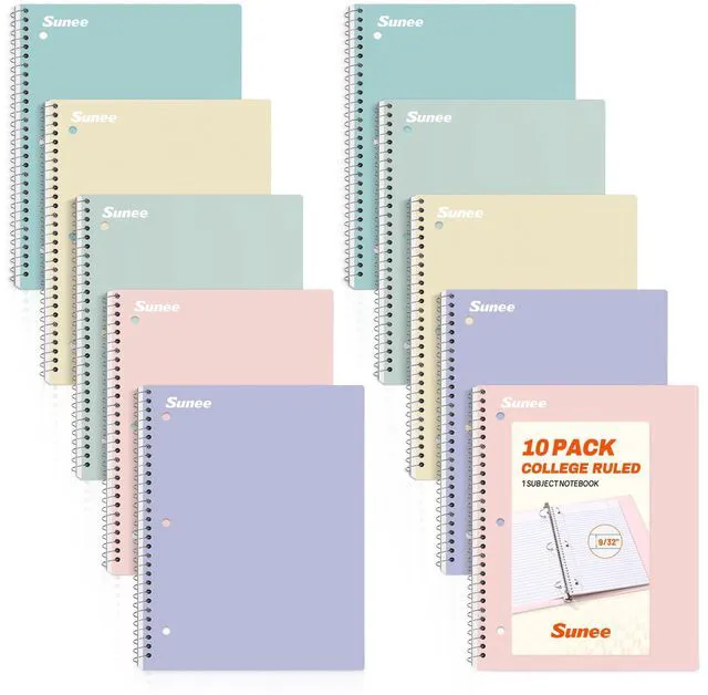 Main image of Spiral Notebooks, 1-Subject, 10 Pack, College Ruled Paper, 8" x 10-1/2", 70 Sheets per Notebook,3-Hole Punched Paper, Pink,Purple, Blue, Green, Yellow Spiral Lined Notebooks for School,Work