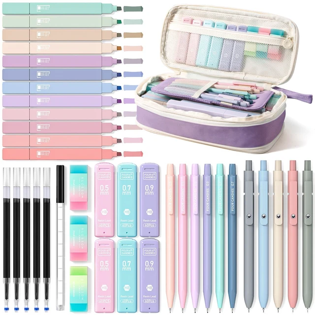 Main image of School Supplies with Cute Pencil Case, 39ct, Purple Back to School Stationery Set, Essentials for College & Nursing Students, 5 Gel Pens, 6 Mechanical Pencils, 12 Highlighters