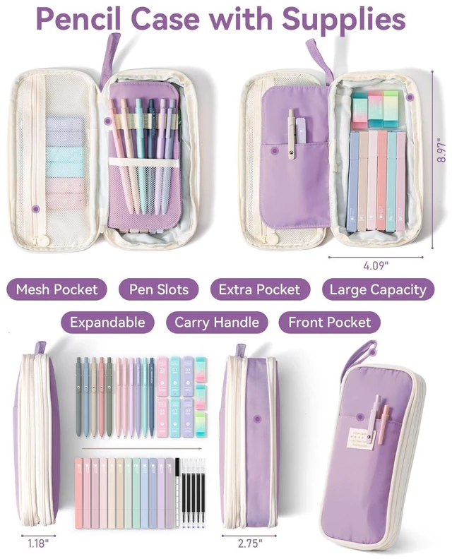 Alt view image 2 of 7 - School Supplies with Cute Pencil Case, 39ct, Purple Back to School Stationery Set, Essentials for College & Nursing Students, 5 Gel Pens, 6 Mechanical Pencils, 12 Highlighters