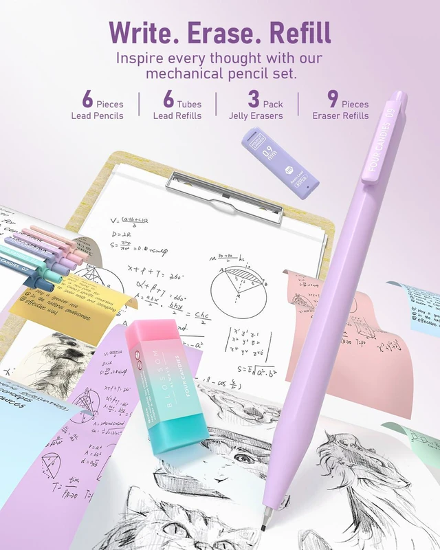 Alt view image 5 of 7 - School Supplies with Cute Pencil Case, 39ct, Purple Back to School Stationery Set, Essentials for College & Nursing Students, 5 Gel Pens, 6 Mechanical Pencils, 12 Highlighters