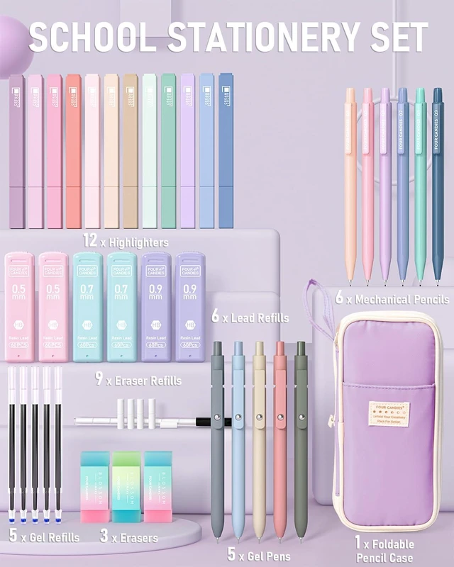 Alt view image 6 of 7 - School Supplies with Cute Pencil Case, 39ct, Purple Back to School Stationery Set, Essentials for College & Nursing Students, 5 Gel Pens, 6 Mechanical Pencils, 12 Highlighters