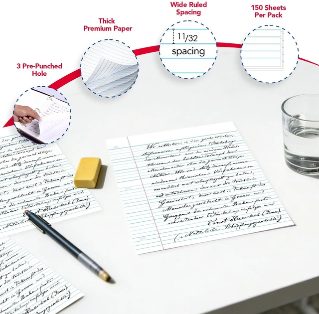Alt view image 3 of 7 - Notebook Paper USA-Made Loose Leaf Paper, 24 Pack 3600 Sheets 8"x10.5" Wide Ruled - 3-Hole Punched Bulk Filler Paper for 3-Ring Binder, 150 Sheets/Pack, Wholesale Available(24Pack-Wide)