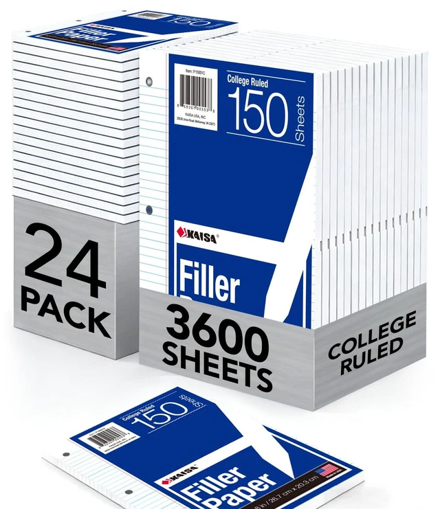 Main image of Notebook Paper USA-Made Loose Leaf Paper, 24 Pack 3600 Sheets 8"x10.5" College Ruled - 3-Hole Punched Bulk Filler Paper for 3-Ring Binder, 150 Sheets/Pack, Wholesale Available(24Pack-college)