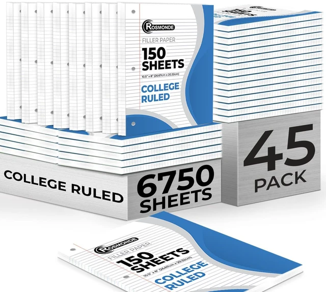 Main image of 6750 Sheets Loose Leaf Paper Bulk, 45 Pack, College Ruled Paper Bulk Notebook Paper, 8" x 10.5", 150 Sheets/Pack, Bulk Office Filler Paper, 3 Hole Punched, College Ruled Paper For Binder