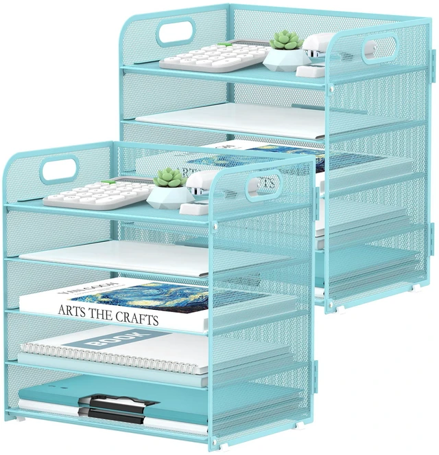 Main image of 2 Pack 5-Tier Blue Desk Organizer with Handle Mesh Desk File/Paper Organizer Letter Tray for Office, School and Home Easy Installation