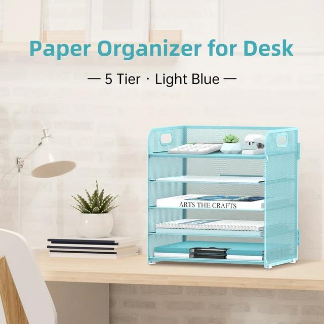 Alt view image 2 of 6 - 2 Pack 5-Tier Blue Desk Organizer with Handle Mesh Desk File/Paper Organizer Letter Tray for Office, School and Home Easy Installation
