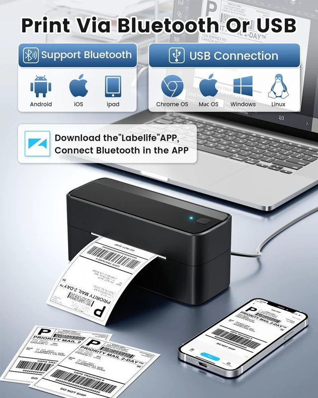 Alt view image 2 of 7 - Bluetooth Thermal Label Printer, 241BT 4X6 Wireless Shipping Label Printer for Small Business, Pink Labels Printers for Shipping Package Whit Holder
