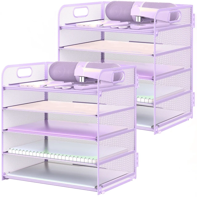 Main image of 2 Pack Letter Tray Paper Organizer 5-Tier Desk Organizer File Organizer Paper Holder with Handle, Metal Desktop Document Shelf Tray Office Classroom Organization - Purple
