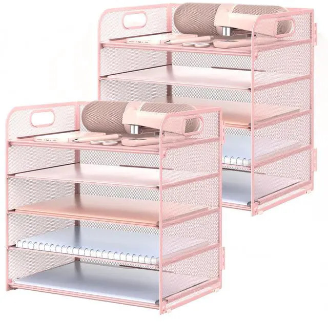 Main image of 2 Pack Letter Tray 5-Tier Desk Organizer File Paper Holder with Handle, Metal Desktop Document Shelf Tray Office Classroom Organization - Pink