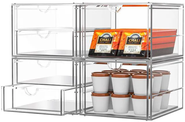 Main image of 4-Pack Acrylic 6-Drawer Office & Makeup Storage Organizer,Desk Smooth-glide drawers, clear body, dustproof, wipe clean, for stationery, lipsticks, blush palettes, hair clips, sticky notes