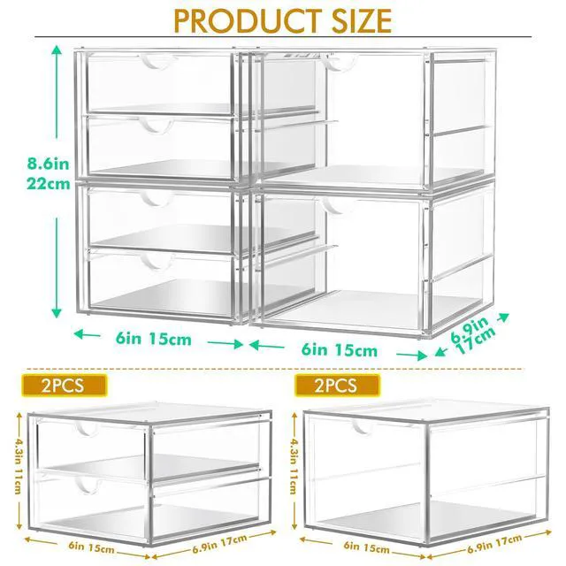 Alt view image 3 of 7 - 4-Pack Acrylic 6-Drawer Office & Makeup Storage Organizer,Desk Smooth-glide drawers, clear body, dustproof, wipe clean, for stationery, lipsticks, blush palettes, hair clips, sticky notes