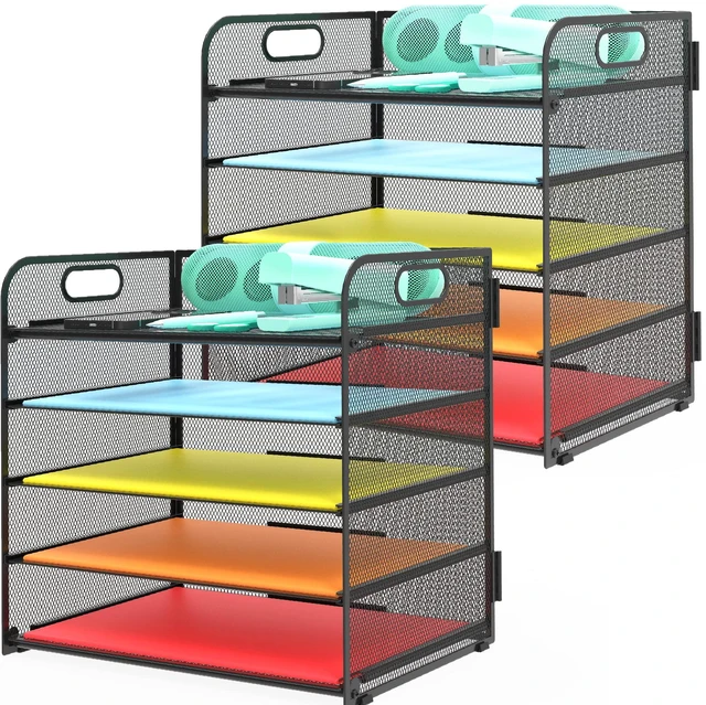 Main image of 2 Pack Letter Tray 5-Tier Desk Organizer File Paper Holder with Handle, Metal Desktop Document Shelf Tray Office Classroom Organization - Black