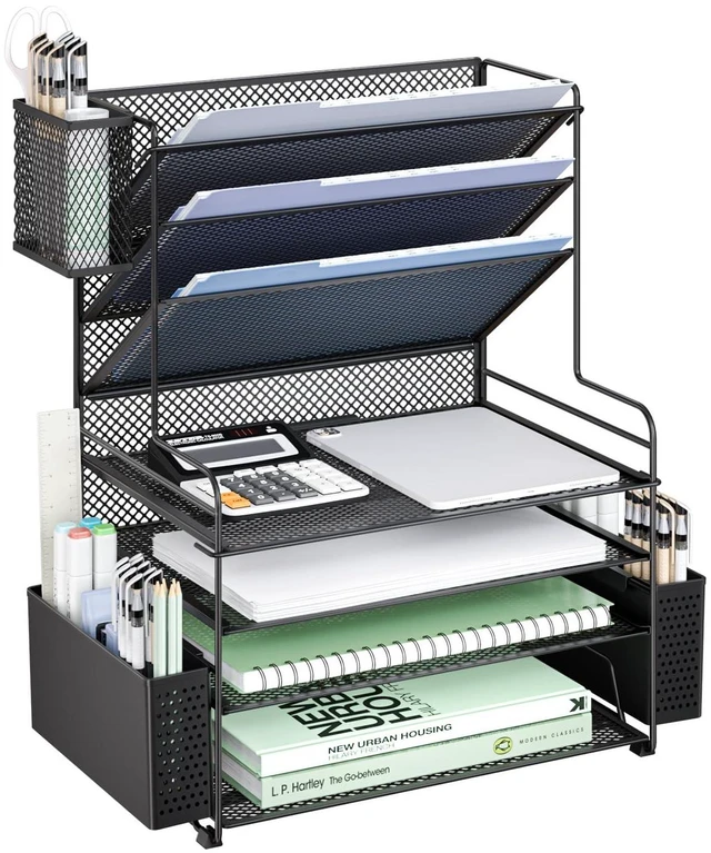 Main image of Desk File Organizer, 7 Tier Desktop Paper Letter Tray Organizer with Drawer and 3 Pen Holders, Office Desk Accessories & Workspace Organizers for Office, Home, School Supplies, 1 Pack, Black