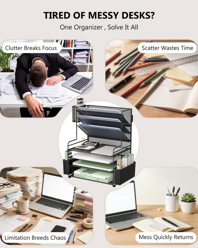 Alt view image 2 of 7 - Desk File Organizer, 7 Tier Desktop Paper Letter Tray Organizer with Drawer and 3 Pen Holders, Office Desk Accessories & Workspace Organizers for Office, Home, School Supplies, 1 Pack, Black