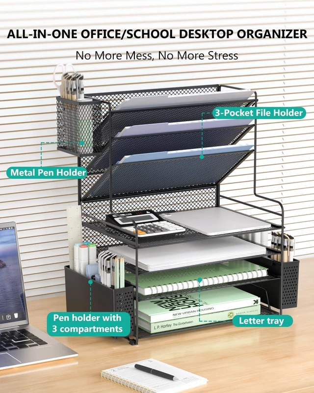 Alt view image 3 of 7 - Desk File Organizer, 7 Tier Desktop Paper Letter Tray Organizer with Drawer and 3 Pen Holders, Office Desk Accessories & Workspace Organizers for Office, Home, School Supplies, 1 Pack, Black
