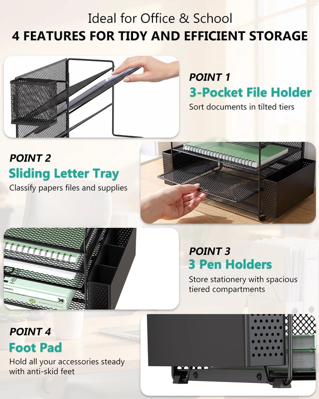 Alt view image 4 of 7 - Desk File Organizer, 7 Tier Desktop Paper Letter Tray Organizer with Drawer and 3 Pen Holders, Office Desk Accessories & Workspace Organizers for Office, Home, School Supplies, 1 Pack, Black