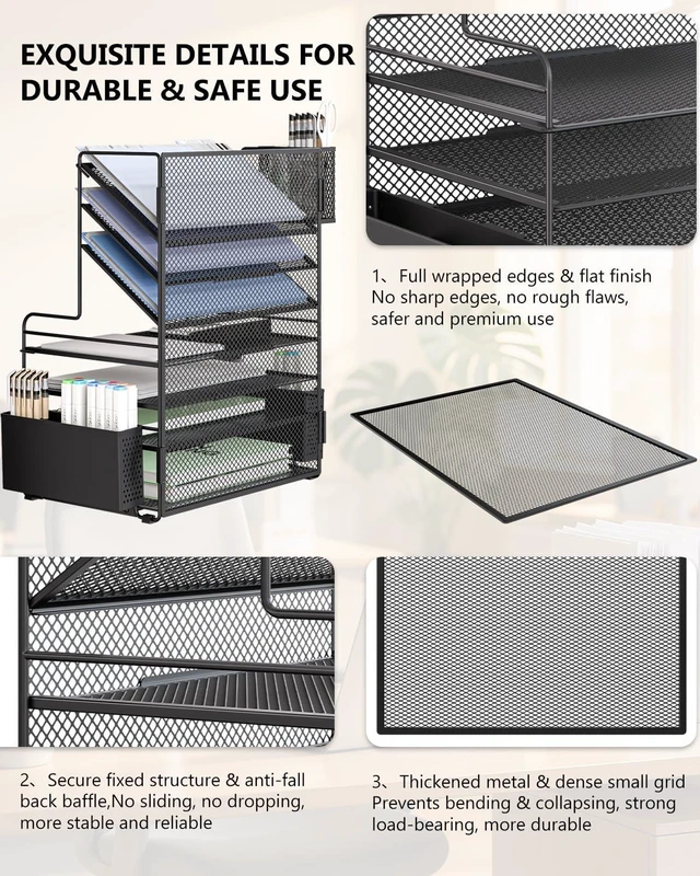 Alt view image 5 of 7 - Desk File Organizer, 7 Tier Desktop Paper Letter Tray Organizer with Drawer and 3 Pen Holders, Office Desk Accessories & Workspace Organizers for Office, Home, School Supplies, 1 Pack, Black
