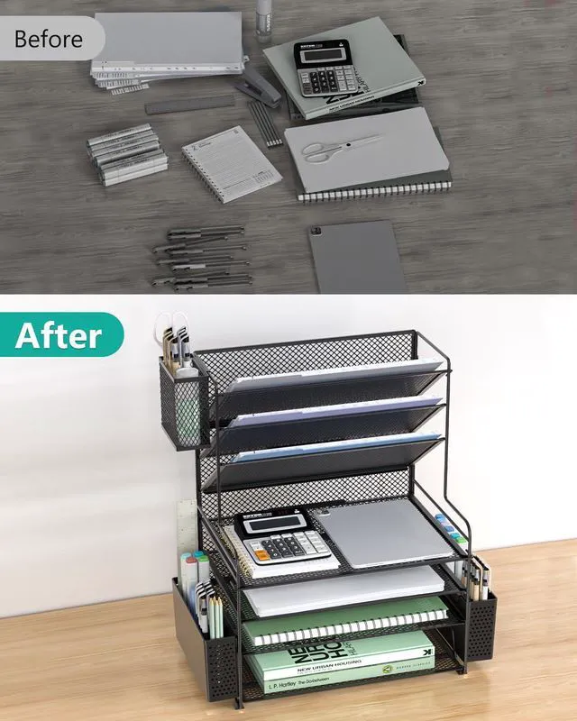 Alt view image 6 of 7 - Desk File Organizer, 7 Tier Desktop Paper Letter Tray Organizer with Drawer and 3 Pen Holders, Office Desk Accessories & Workspace Organizers for Office, Home, School Supplies, 1 Pack, Black