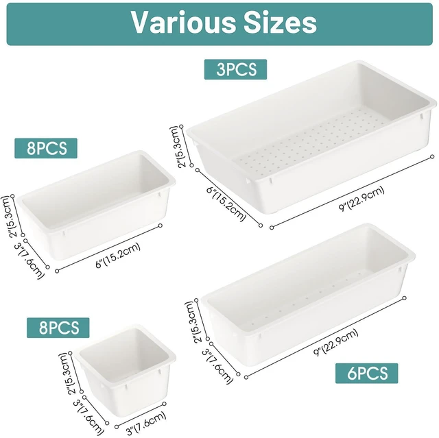 Alt view image 2 of 6 - 25 PCS Plastic Drawer Organizer Set, Makeup Organizers and Storage Bins 4 Sizes Desk Drawer Divider Organizers and Storage Bins for Jewelry, Gadgets for Kitchen, Bedroom, Bathroom, Office, White