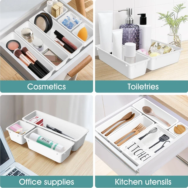 Alt view image 4 of 6 - 25 PCS Plastic Drawer Organizer Set, Makeup Organizers and Storage Bins 4 Sizes Desk Drawer Divider Organizers and Storage Bins for Jewelry, Gadgets for Kitchen, Bedroom, Bathroom, Office, White