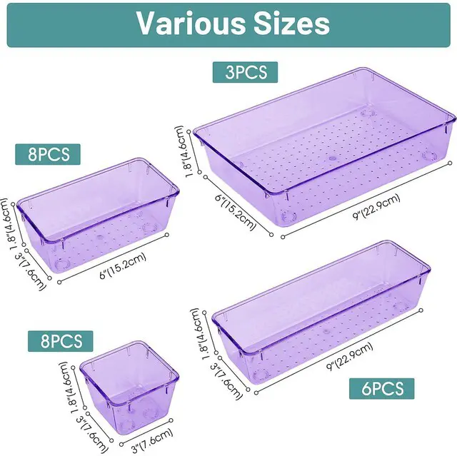 Alt view image 2 of 6 - 25 PCS Plastic Drawer Organizer Set, Makeup Organizers and Storage Bins 4 Sizes Desk Drawer Divider Organizers and Storage Bins for Jewelry, Gadgets for Kitchen, Bedroom, Bathroom, Clear Purple