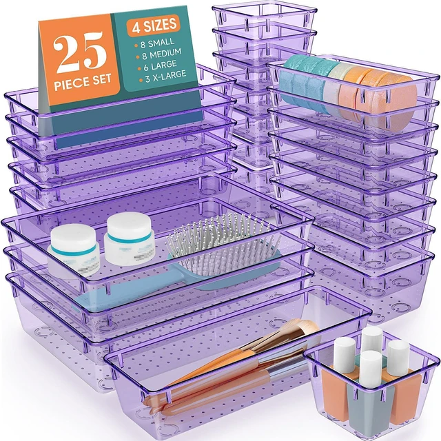 Main image of 25 PCS Plastic Drawer Organizer Set, Makeup Organizers and Storage Bins 4 Sizes Desk Drawer Divider Organizers and Storage Bins for Jewelry, Gadgets for Kitchen, Bedroom, Bathroom, Clear Purple