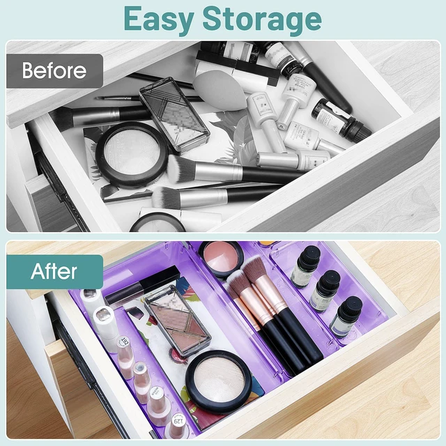 Alt view image 4 of 6 - 25 PCS Plastic Drawer Organizer Set, Makeup Organizers and Storage Bins 4 Sizes Desk Drawer Divider Organizers and Storage Bins for Jewelry, Gadgets for Kitchen, Bedroom, Bathroom, Clear Purple