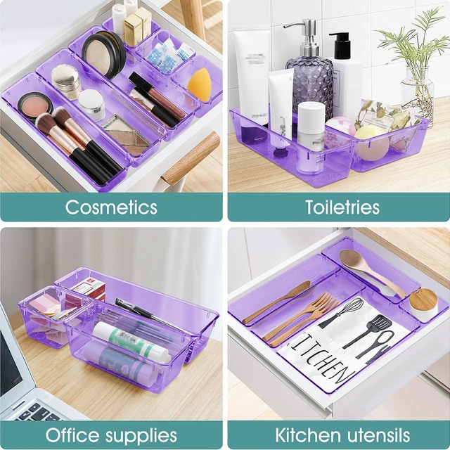 Alt view image 5 of 6 - 25 PCS Plastic Drawer Organizer Set, Makeup Organizers and Storage Bins 4 Sizes Desk Drawer Divider Organizers and Storage Bins for Jewelry, Gadgets for Kitchen, Bedroom, Bathroom, Clear Purple