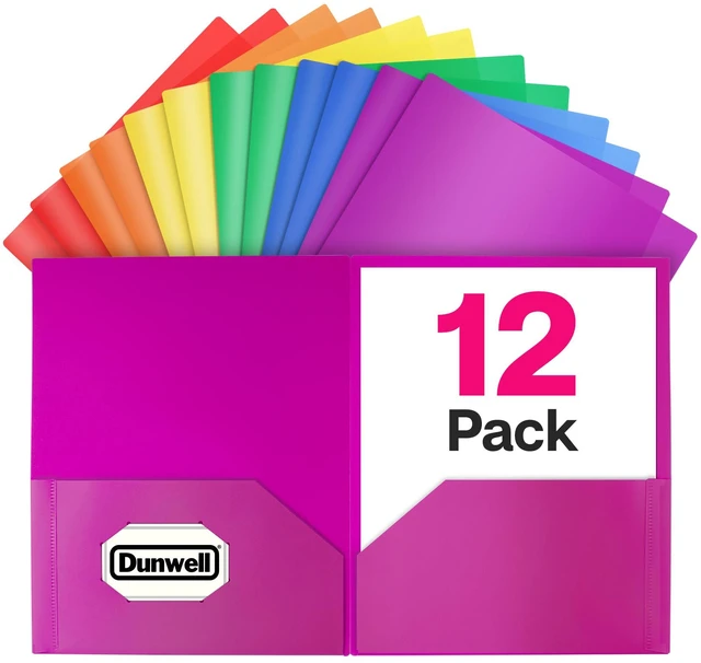 Main image of Colored Plastic 2-Pocket Folders, 8.5x11, Assorted, 12 Pack Heavy-Duty, Long-Lasting Poly, Fits 8.5x11 Documents for School & Office, Includes Labels