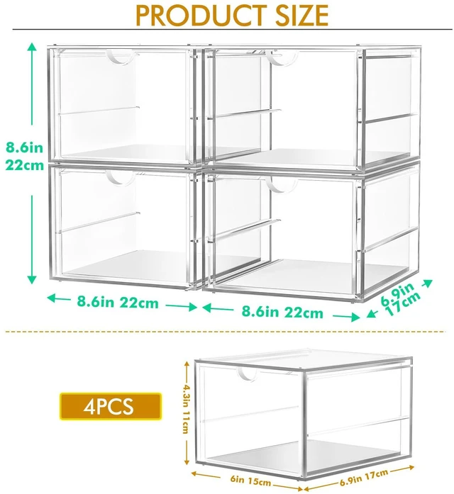 Alt view image 3 of 7 - 4-Pack 4-Drawer Acrylic Storage Organizer for Desk, Crafts,Vanity Smooth-glide drawers, clear body, dustproof, wipe clean, for paintbrushes, beads, sequins, googly eyes, embroidery floss