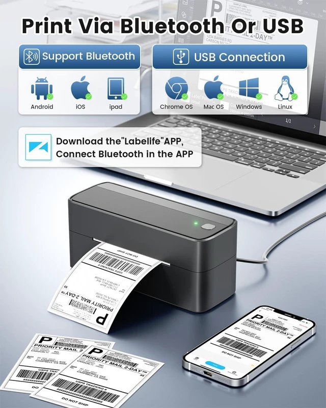 Alt view image 2 of 7 - Bluetooth Shipping Label Printer, 241BT 4X6 Wireless Thermal Printer for Samll Business, Label Printers for Shipping Package, Compatible with iPhone, Android, Amazon, Shopify, UPSP, Gray