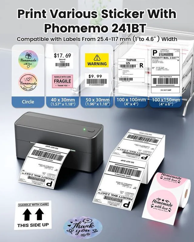 Alt view image 4 of 7 - Bluetooth Shipping Label Printer, 241BT 4X6 Wireless Thermal Printer for Samll Business, Label Printers for Shipping Package, Compatible with iPhone, Android, Amazon, Shopify, UPSP, Gray