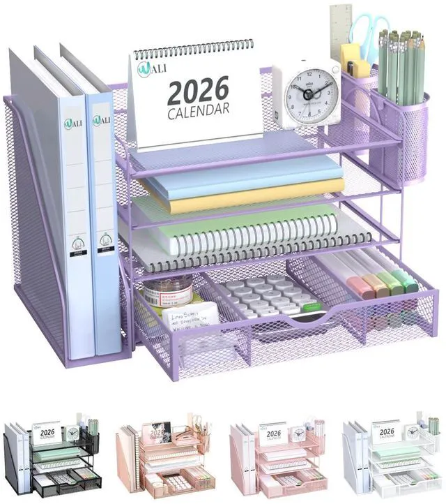 Main image of Desk File Organizer, 4 Tier Desktop Paper Letter Tray Organizer with Drawer and 2 Pen Holders, Office Desk Accessories & Workspace Organizers for Office, Home Supplies(DO005DH-V), 1 Pack, Purple