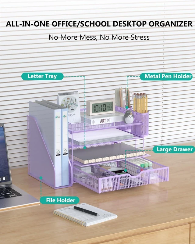 Alt view image 2 of 7 - Desk File Organizer, 4 Tier Desktop Paper Letter Tray Organizer with Drawer and 2 Pen Holders, Office Desk Accessories & Workspace Organizers for Office, Home Supplies(DO005DH-V), 1 Pack, Purple