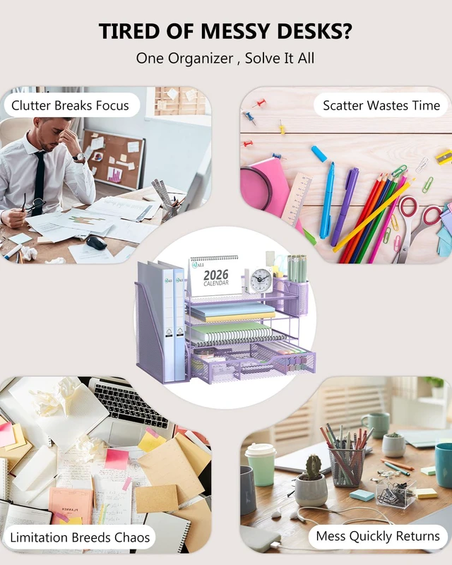 Alt view image 3 of 7 - Desk File Organizer, 4 Tier Desktop Paper Letter Tray Organizer with Drawer and 2 Pen Holders, Office Desk Accessories & Workspace Organizers for Office, Home Supplies(DO005DH-V), 1 Pack, Purple