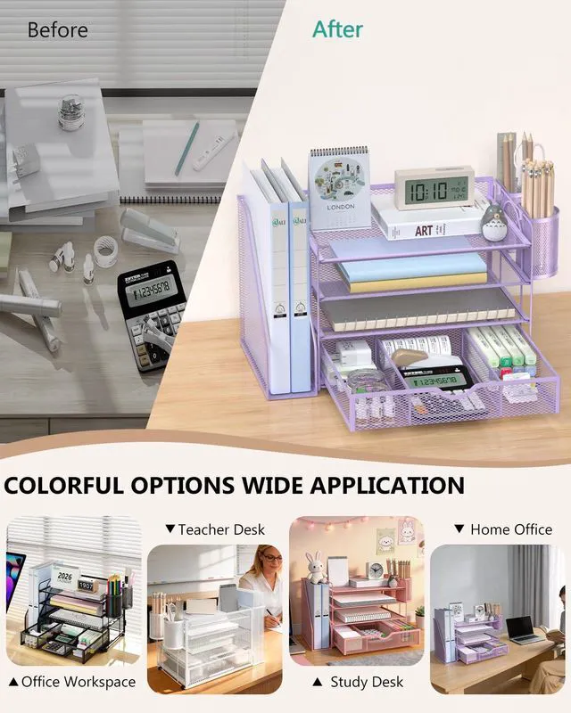 Alt view image 6 of 7 - Desk File Organizer, 4 Tier Desktop Paper Letter Tray Organizer with Drawer and 2 Pen Holders, Office Desk Accessories & Workspace Organizers for Office, Home Supplies(DO005DH-V), 1 Pack, Purple