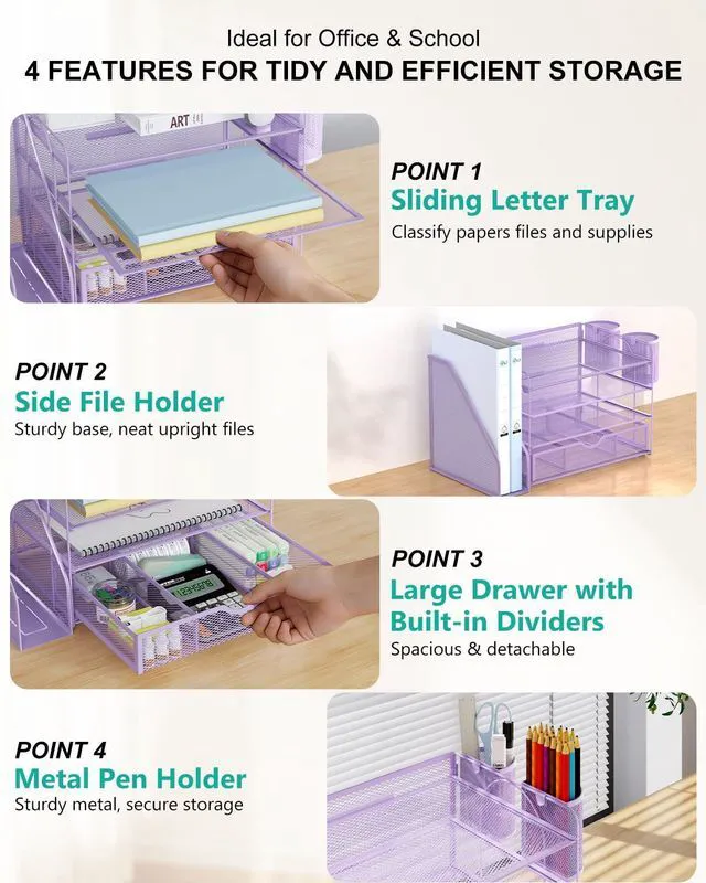 Alt view image 4 of 7 - Desk File Organizer, 4 Tier Desktop Paper Letter Tray Organizer with Drawer and 2 Pen Holders, Office Desk Accessories & Workspace Organizers for Office, Home Supplies(DO005DH-V), 1 Pack, Purple