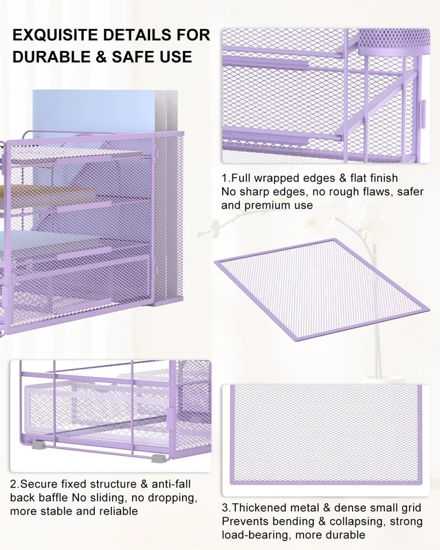 Alt view image 5 of 7 - Desk File Organizer, 4 Tier Desktop Paper Letter Tray Organizer with Drawer and 2 Pen Holders, Office Desk Accessories & Workspace Organizers for Office, Home Supplies(DO005DH-V), 1 Pack, Purple