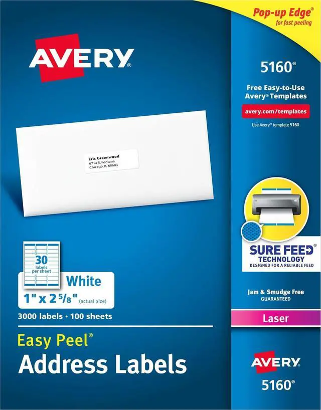 Main image of Easy Peel Printable Address Labels with Sure Feed, 1" x 2-5/8" Customizable Stickers, White, 3,000 Blank Mailing Labels, Great for Mailing, Shipping, and More (5160)